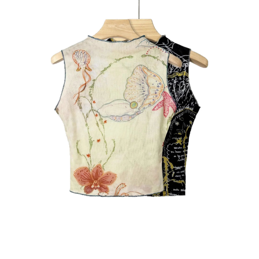 Chic Double Layer Mesh Tee With Elegant Print And High Collar Short Sleeve Women Net Shirt