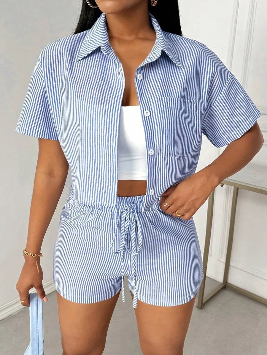 Striped Lapel Shirt And Shorts Two Piece Set