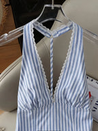 Women Halter Backless Striped Blouse Top Sleeveless