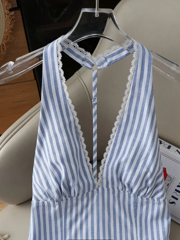 Women Halter Backless Striped Blouse Top Sleeveless