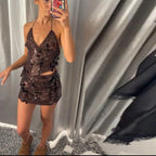 Beaded Sequin Two Piece Set Sleeveless Backless Crop Top And Mini Skirt Glam Outfit
