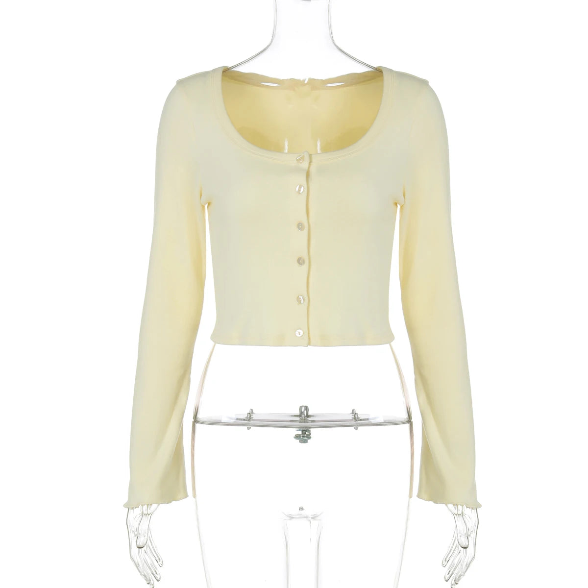 Square Collar Crop Top With Long Flare Sleeves And Button Details