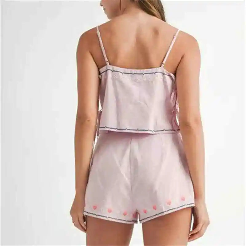 Floral Embroidered Tie Side Tank Top And Shorts Set Sleeveless Crop Cami Two Piece Outfit