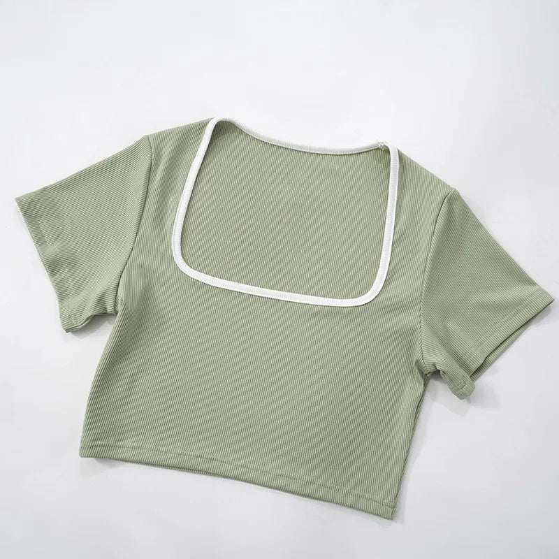 Sexy Slim Two Piece Set For Women Short Sleeve Square Collar Top High Waist Pants