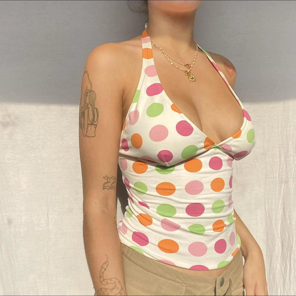 Colorful Dots Print Tie Up Halter Neck Tank Top Backless Sleeveless Cotton Blend