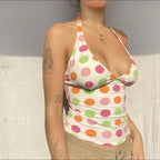 Colorful Dots Print Tie Up Halter Neck Tank Top Backless Sleeveless Cotton Blend