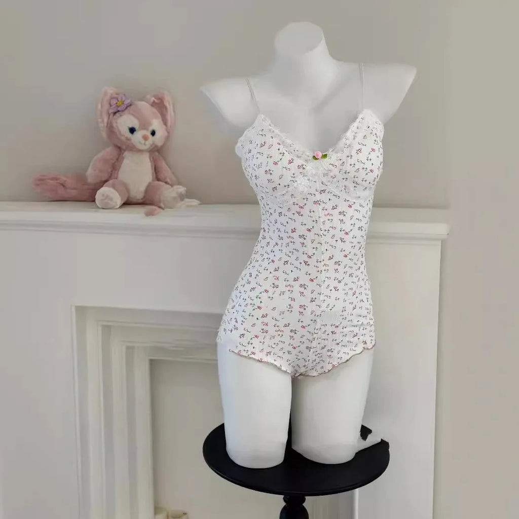 Charming Floral Print Lace Trim Slim Fit Sleeveless Bodysuit