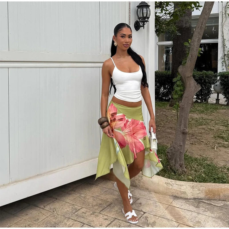 Soft Ruffle High Waist Midi Skirt With Asymmetrical Hem