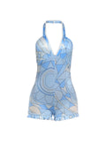 Fashion Rompers Woman Plaid Patchwork Halter Low-Neck Backless Sleeveless Ruffles Sexy Playsuit