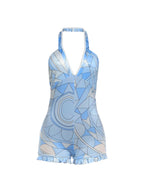 Fashion Rompers Woman Plaid Patchwork Halter Low-Neck Backless Sleeveless Ruffles Sexy Playsuit