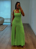 Nibber See Through Hem Halter Maxi Dress Backless Patchwork Bodycon
