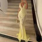 Sequin Deep V Neck Mermaid Maxi Dress Backless Sleeveless Lace Up Gown