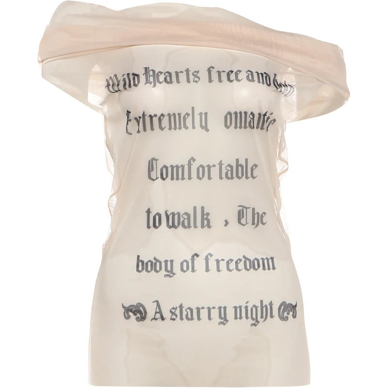 Midnight Letter Print Mesh Patchwork Top With Backless Design For Women Streetwear Mood