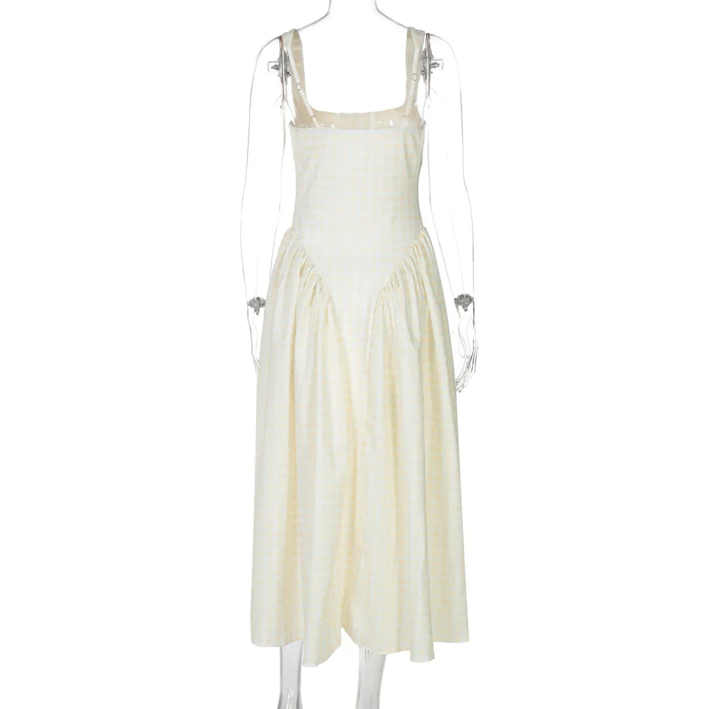 Gingham Square Neck A-Line Midi Dress With Pockets