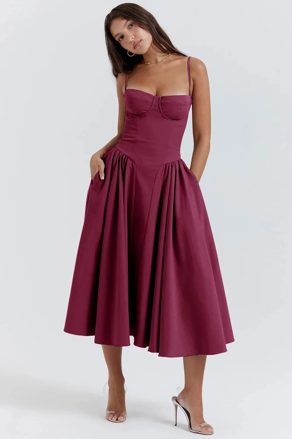 Backless Suspender Midi Dress Sleeveless A Line Style For Evening Wear