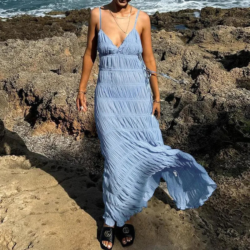 V Neck Maxi Dress With Empire Waist Elegant Sleeveless Gown