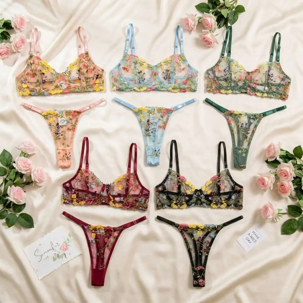 Floral Sheer Embroidery Lingerie Set With Underwire Push Up Bra And Panty Two Piece