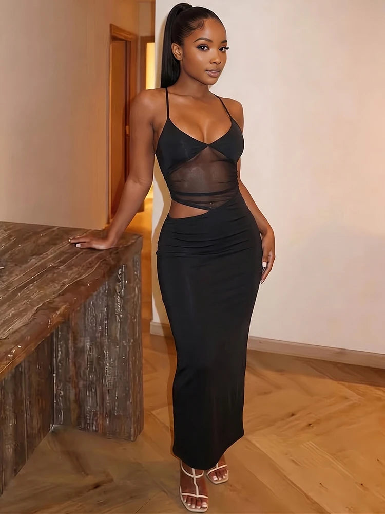 Mesh Patchwork Maxi Dress With Backless Silhouette Sleeveless