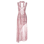 Floral Lace Up Chiffon Maxi Dress With Side Slit Backless