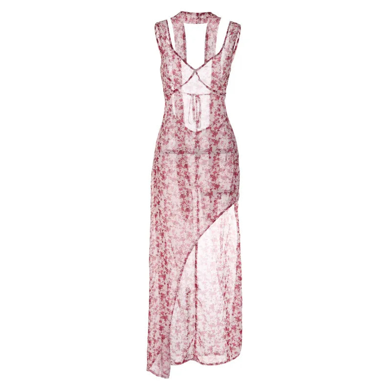Floral Lace Up Chiffon Maxi Dress With Side Slit Backless