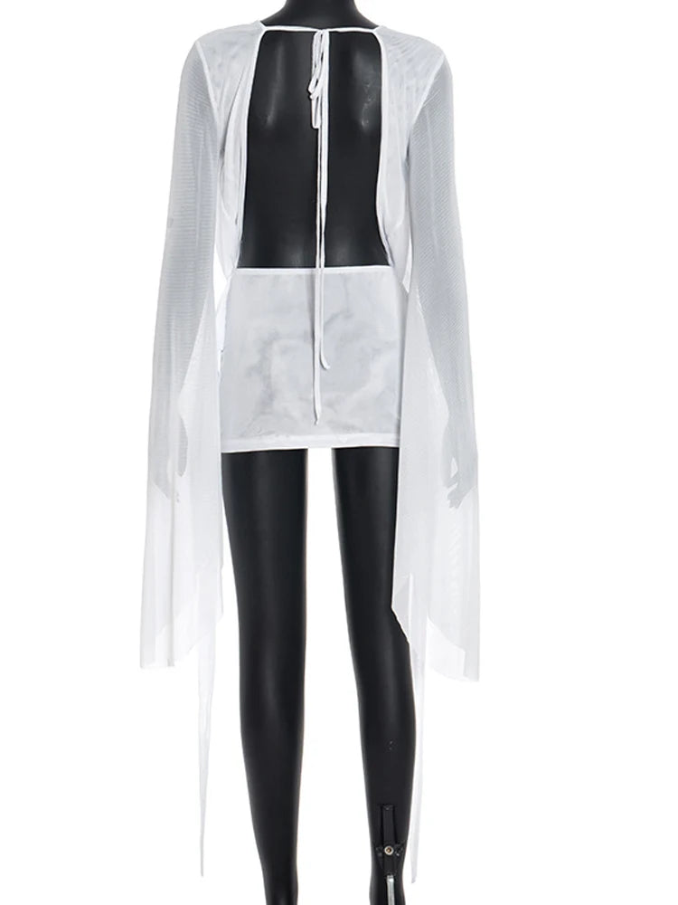 Ruched Sheer Mesh Dress With Flare Sleeves V Neck