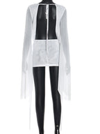 Ruched Sheer Mesh Dress With Flare Sleeves V Neck