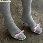 Ribbon Knot One Strap Sandals For Women Open Toe Square Front Casual Slides With Lace Sole