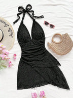 Leopard Halter Neck Mini Dress With Tie Up Front And Ruffle Hem