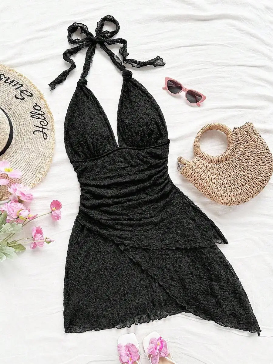 Leopard Halter Neck Mini Dress With Tie Up Front And Ruffle Hem
