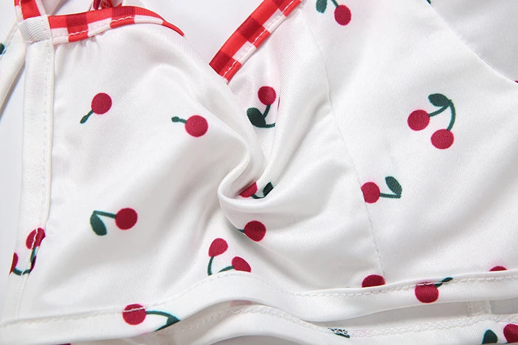 Cherry Plaid Y2K Backless Crop Top Skirt Set