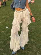Irregular Tiered Flare Pants With Patchwork See Through