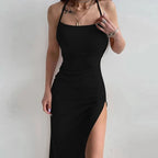 Halter Neck Bodycon Dress With Sleeveless Backless Design Spaghetti Straps High Slit