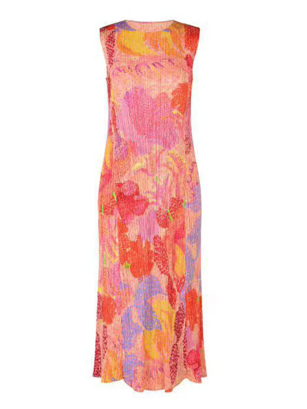 Japanese Style Pleated Print Dress Round Neck Sleeveless Loose Fit