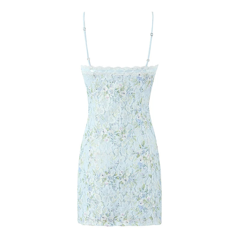 Sweet Floral Print Lace Patchwork Mini Sexy Slim Backless Strap Short Dress