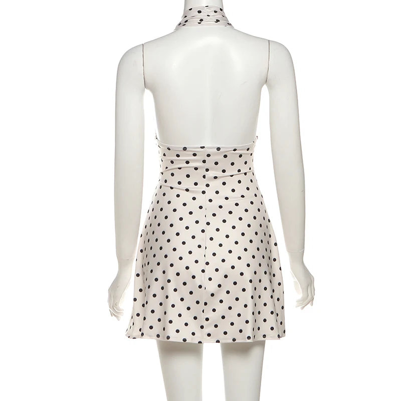 Polka Dot Halter Mini Dress With Ruched Backless Detail