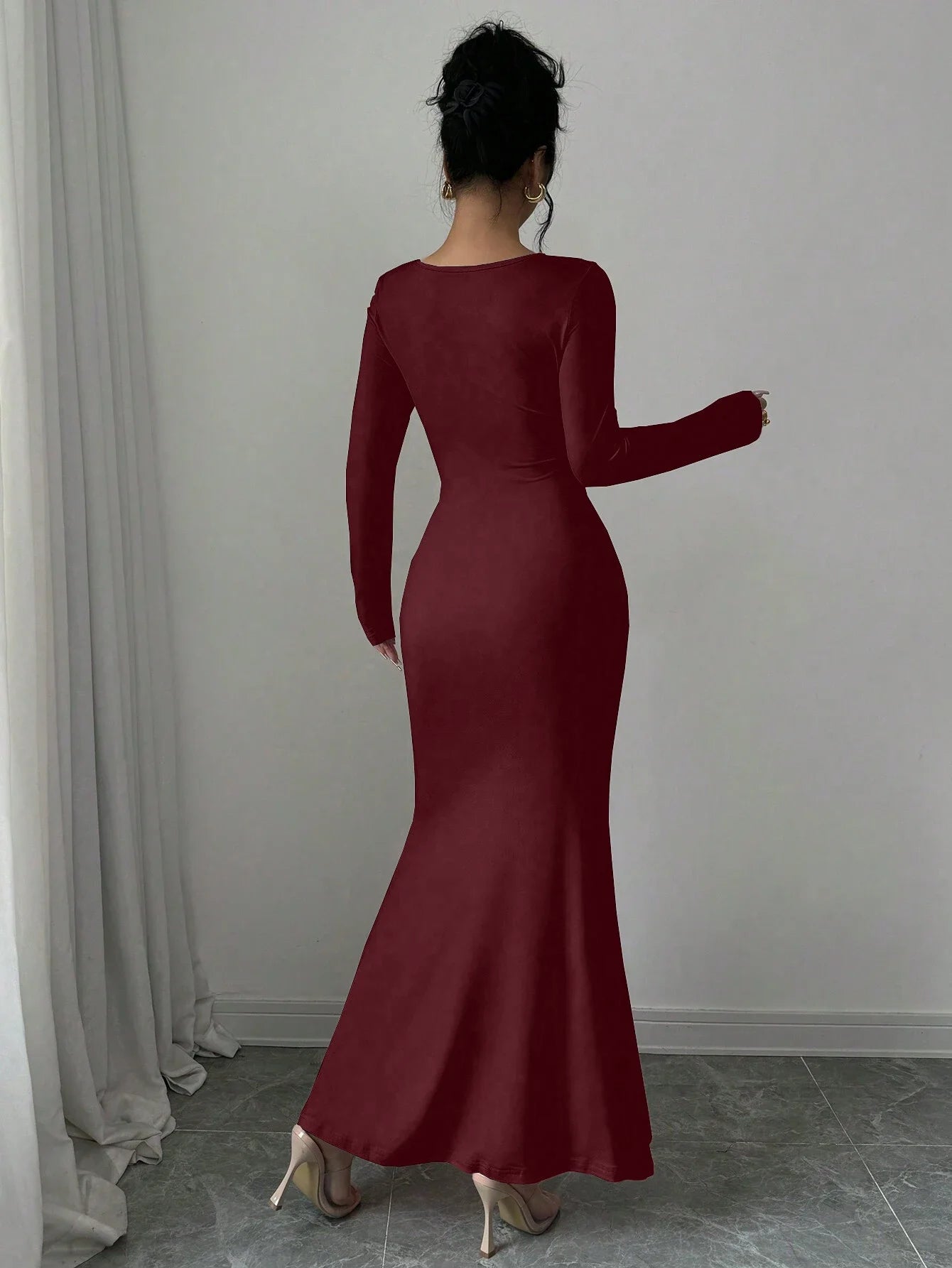 Retro Square Collar Dress With Long Sleeves In Solid Color