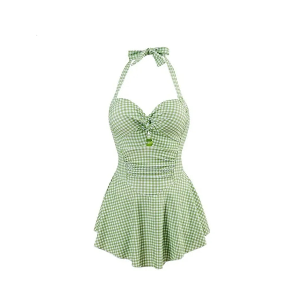 Plaid Backless Swim Dress With Halter Neck