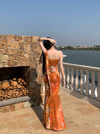 Floral Maxi Dress With Backless Design V Neck Halter Dress