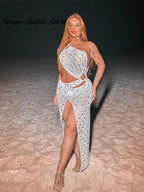 Sexy Sequin Hollow Out Knit Maxi Dress With One Shoulder Front Split Gown