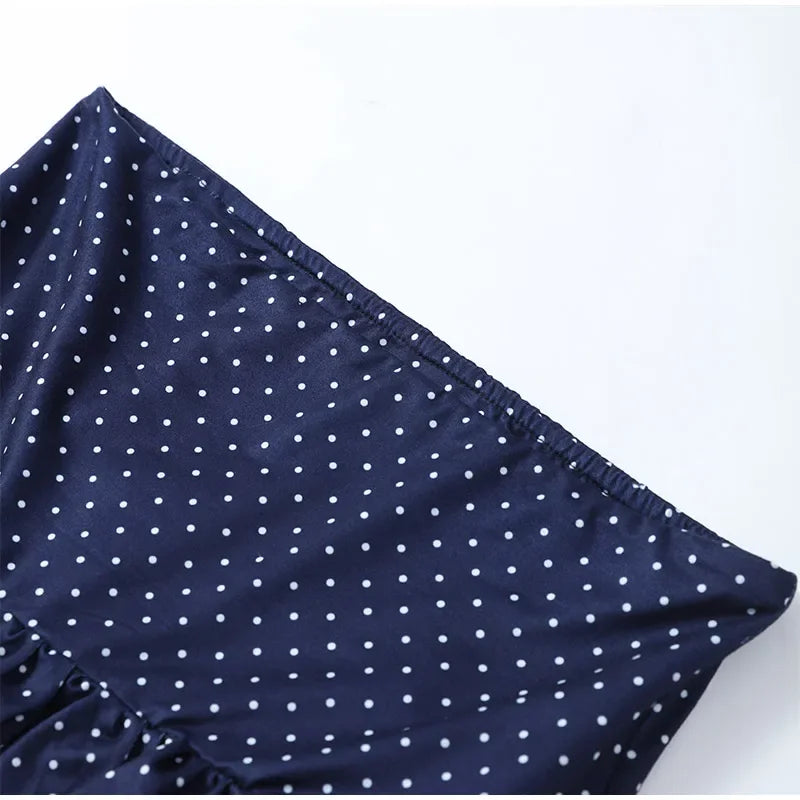 Polka Dot V Neck Halter Top Set With High Waist Ruffle Hem Mini Skirt