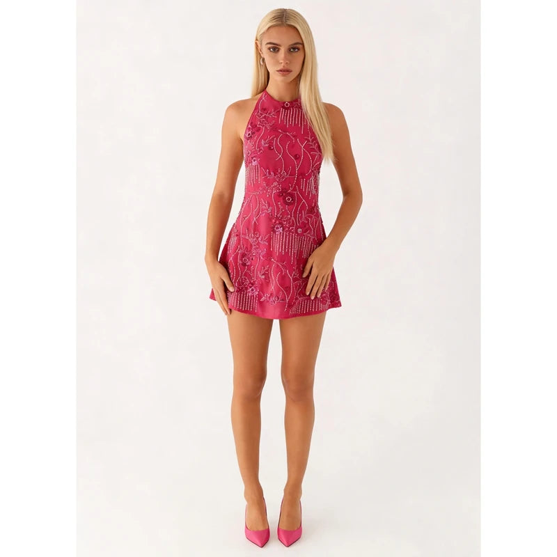Halter Dress With Sequin Beading And Floral Embroidery Backless Slim Mini