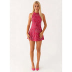 Halter Dress With Sequin Beading And Floral Embroidery Backless Slim Mini