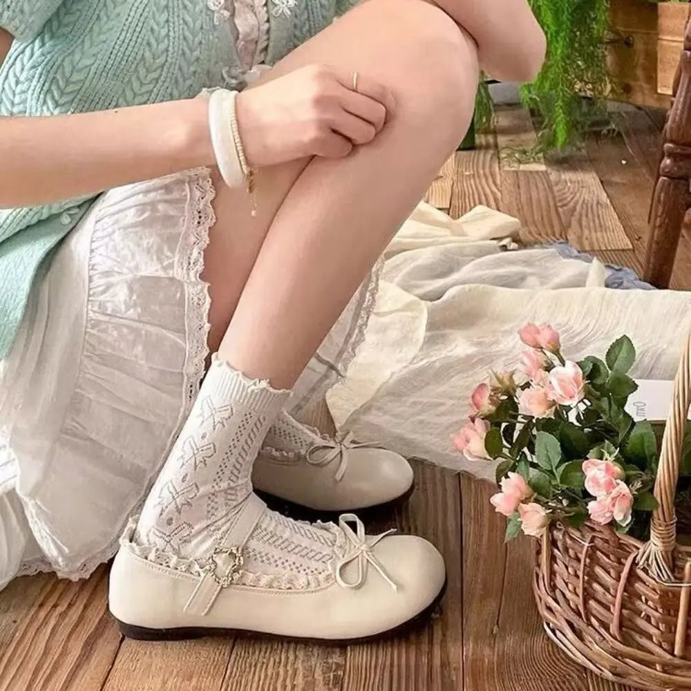Lolita Inspired Mary Jane Flats With Bow Lace Pu Leather Soft Sole Slip On