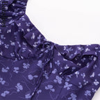 Purple Square Neckline Floral Print Blouse Flare Short Sleeve