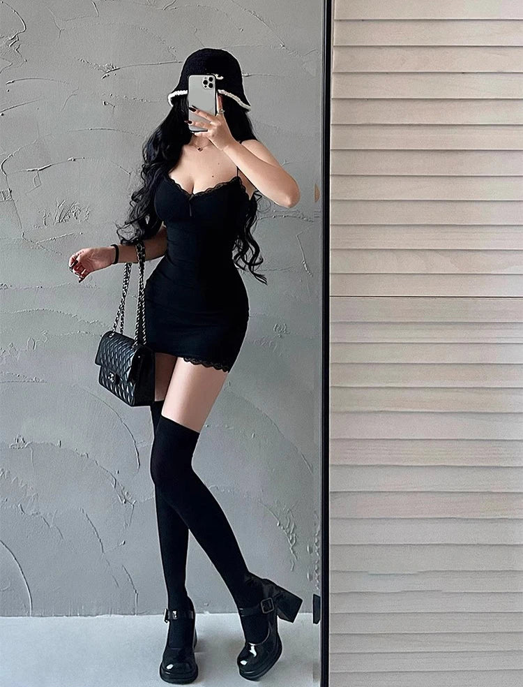 Retro Lace Patchwork Bodycon Mini Dress With Spaghetti Straps