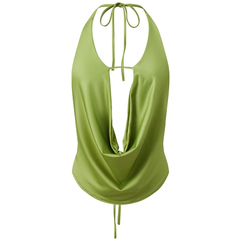 Silky Satin Halter Crop Top With Cowl Neck Backless