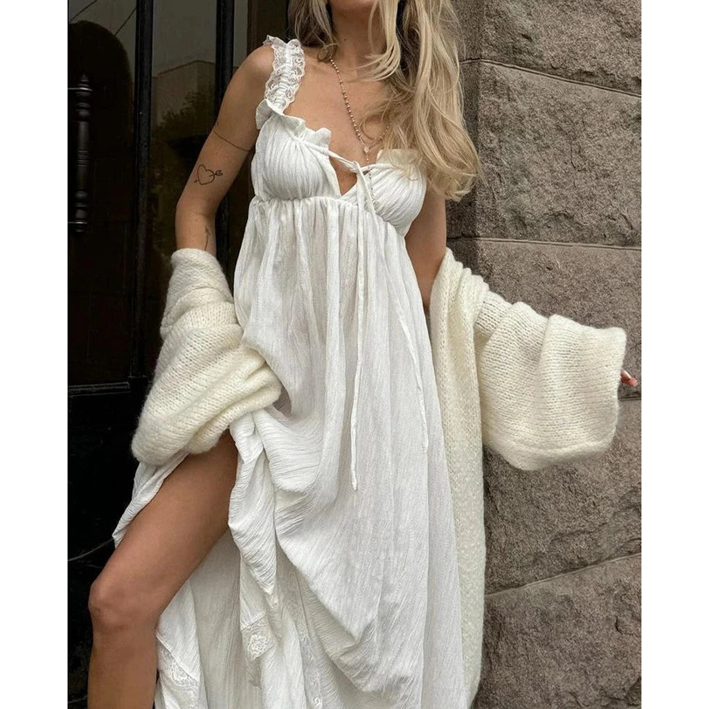 Vintage Floral Lace Trim Sleeveless Dress With Square Neckline Empire Waist And Backless Ruffled Hem
