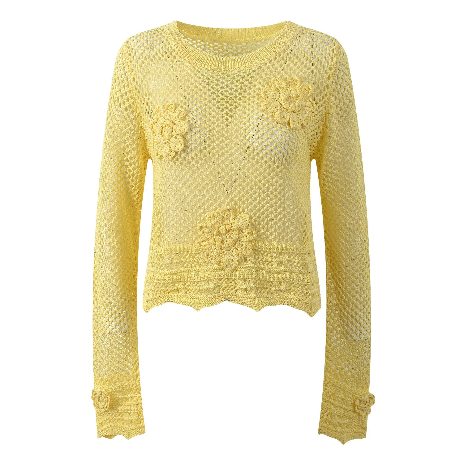 Sunlit Hollow Knit Top Elegant Long Sleeve Jumper Lightweight Sweater