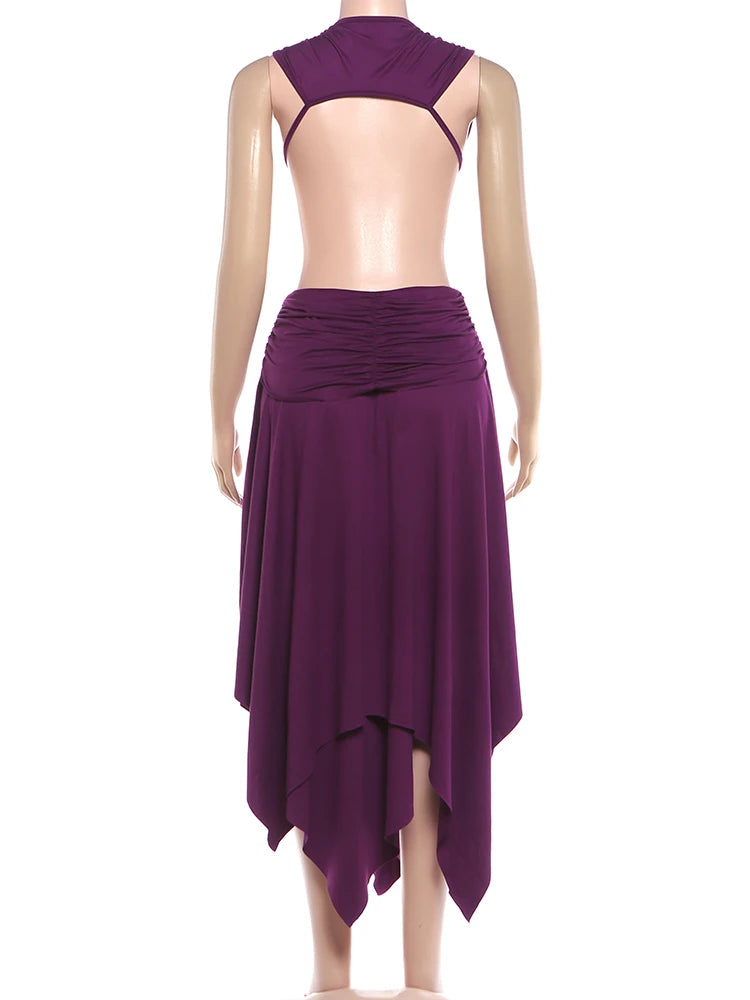 Purple Backless Patchwork Waistless Maxi Dress Irregular Hem