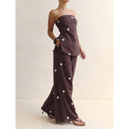 Polka Dot Print Outfits Set Smocked Backless Strapless Tube Tops+Elastic High Waist Wide Leg Pants